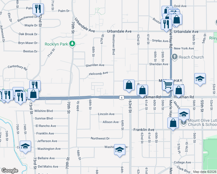 map of restaurants, bars, coffee shops, grocery stores, and more near 2408 Westover Boulevard in Des Moines