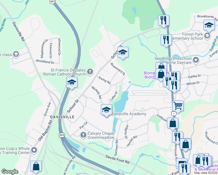 map of restaurants, bars, coffee shops, grocery stores, and more near 87 Ewing Road in North Kingstown