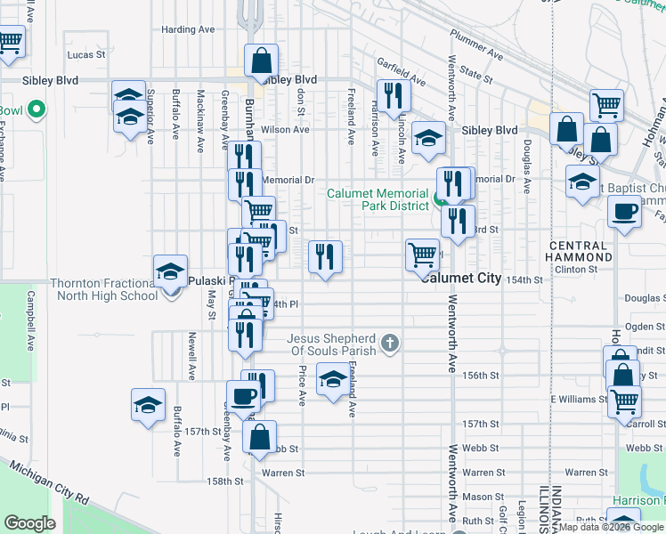 map of restaurants, bars, coffee shops, grocery stores, and more near 669 Gordon Avenue in Calumet City