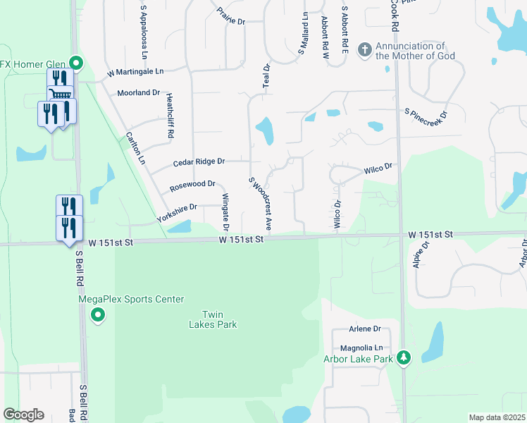 map of restaurants, bars, coffee shops, grocery stores, and more near 15022 South Woodcrest Avenue in Lockport