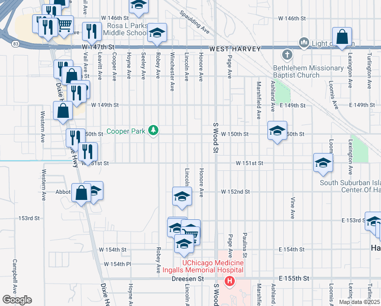 map of restaurants, bars, coffee shops, grocery stores, and more near 15029 Lincoln Avenue in Harvey