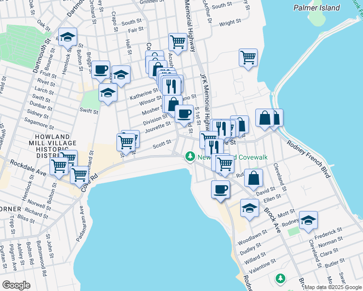 map of restaurants, bars, coffee shops, grocery stores, and more near 24 Margin Street in New Bedford