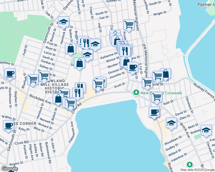 map of restaurants, bars, coffee shops, grocery stores, and more near 100 Nelson Street in New Bedford