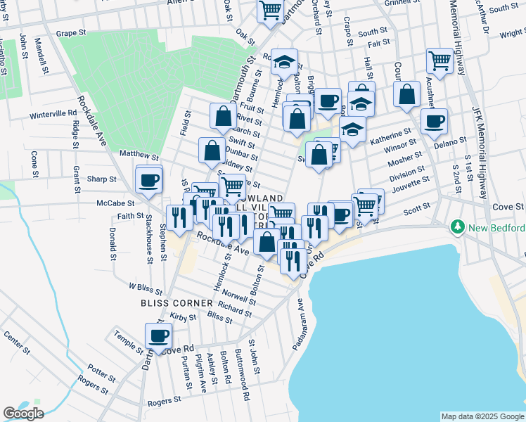 map of restaurants, bars, coffee shops, grocery stores, and more near 35 Winsper Street in New Bedford