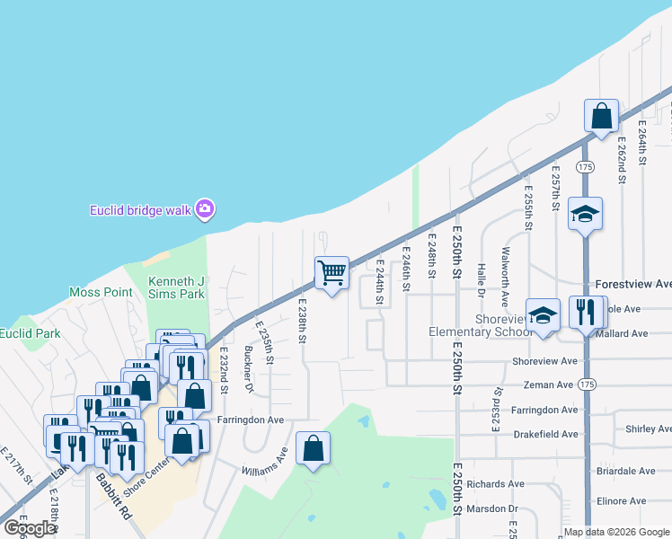 map of restaurants, bars, coffee shops, grocery stores, and more near in Euclid