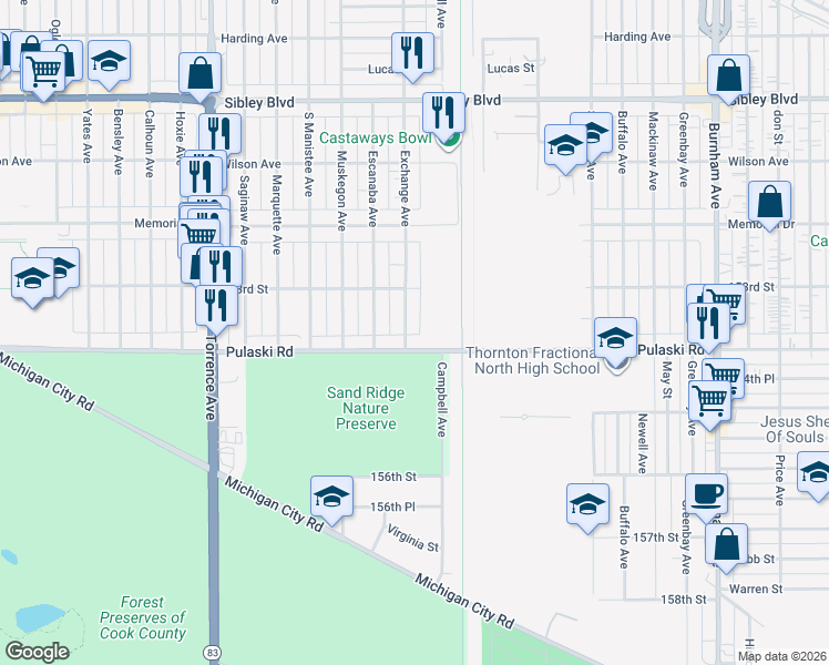 map of restaurants, bars, coffee shops, grocery stores, and more near 680 Exchange Avenue in Calumet City