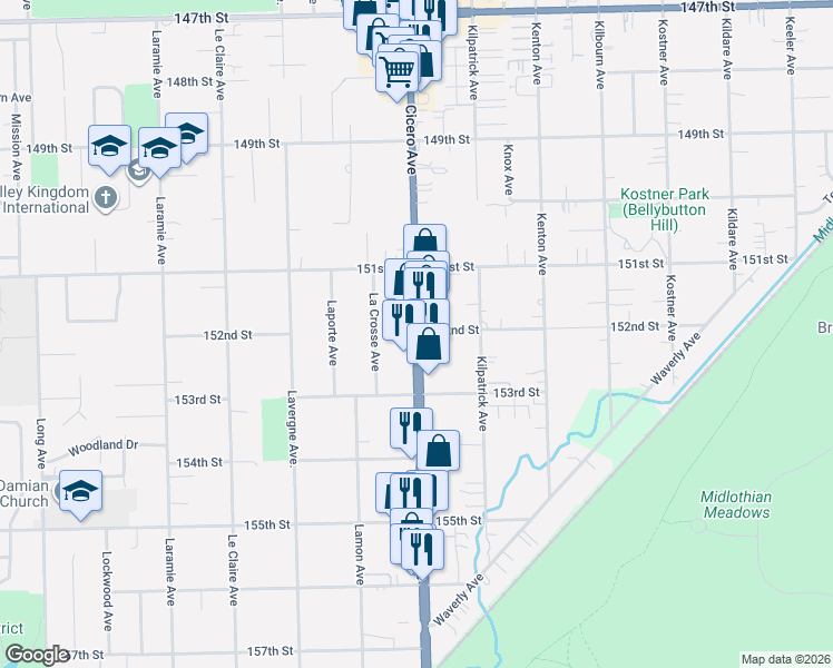 map of restaurants, bars, coffee shops, grocery stores, and more near 15201 South Cicero Avenue in Oak Forest