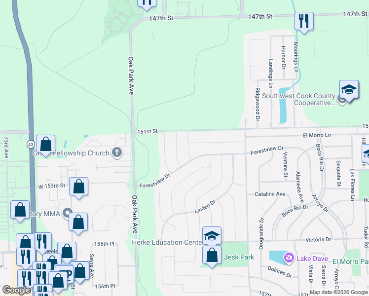 map of restaurants, bars, coffee shops, grocery stores, and more near 15121 Willow Lane in Oak Forest