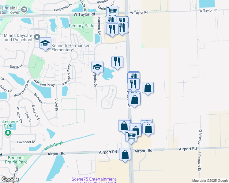 map of restaurants, bars, coffee shops, grocery stores, and more near 223 South Alder Creek Drive in Romeoville