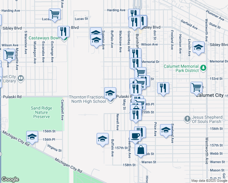 map of restaurants, bars, coffee shops, grocery stores, and more near 667 Buffalo Ave in Calumet City
