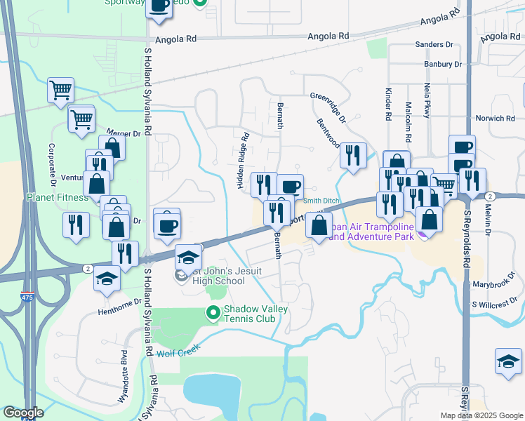 map of restaurants, bars, coffee shops, grocery stores, and more near 1334 Bernath in Toledo