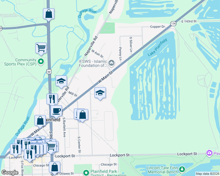 map of restaurants, bars, coffee shops, grocery stores, and more near 14632 South Kearns Drive in Plainfield
