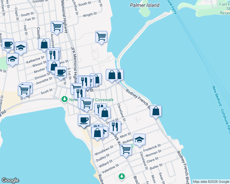 map of restaurants, bars, coffee shops, grocery stores, and more near 13 Cleveland St in New Bedford