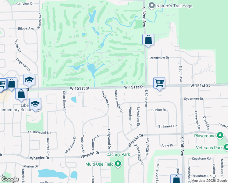 map of restaurants, bars, coffee shops, grocery stores, and more near 15108 Sunset Ridge Drive in Orland Park