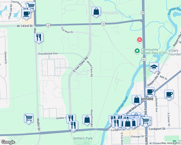 map of restaurants, bars, coffee shops, grocery stores, and more near 14601 Paul Revere Ln in Plainfield