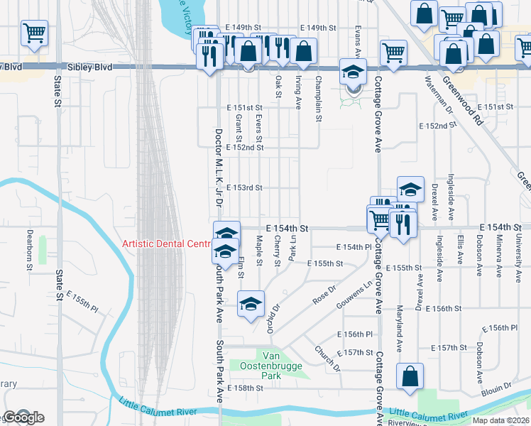 map of restaurants, bars, coffee shops, grocery stores, and more near 15331 Evers Street in Dolton