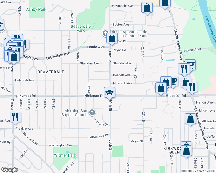 map of restaurants, bars, coffee shops, grocery stores, and more near 2404 30th Street in Des Moines
