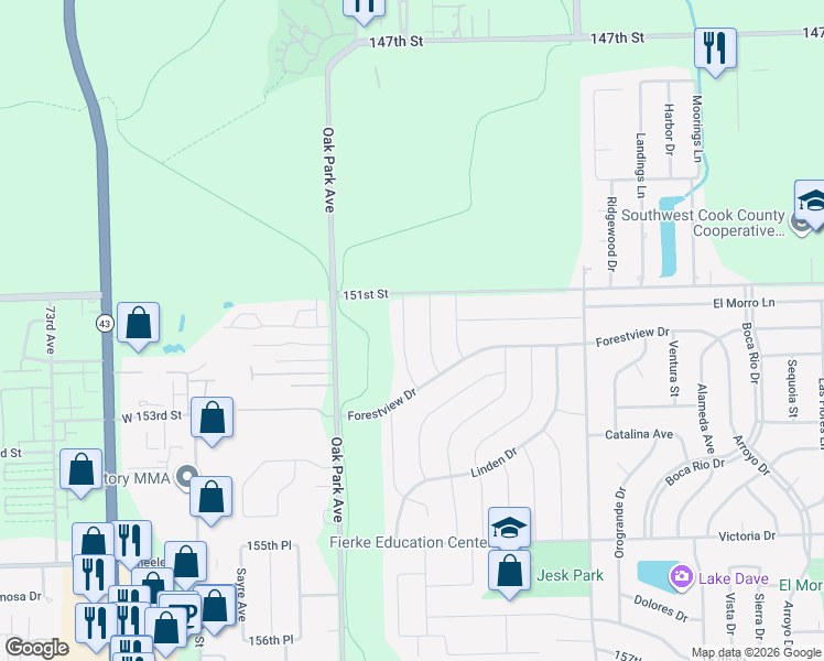 map of restaurants, bars, coffee shops, grocery stores, and more near 15121 Chestnut Ln in Oak Forest