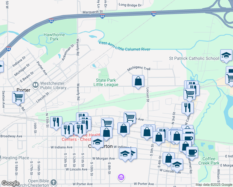 map of restaurants, bars, coffee shops, grocery stores, and more near 702 Carla Drive in Chesterton