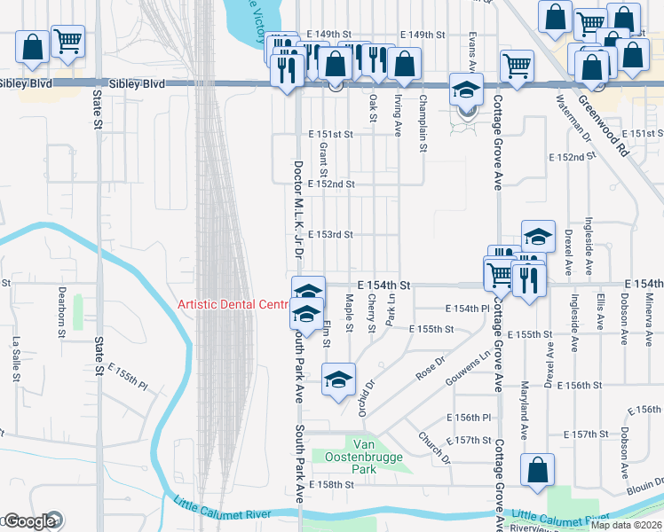 map of restaurants, bars, coffee shops, grocery stores, and more near 15331 Grant St in Dolton