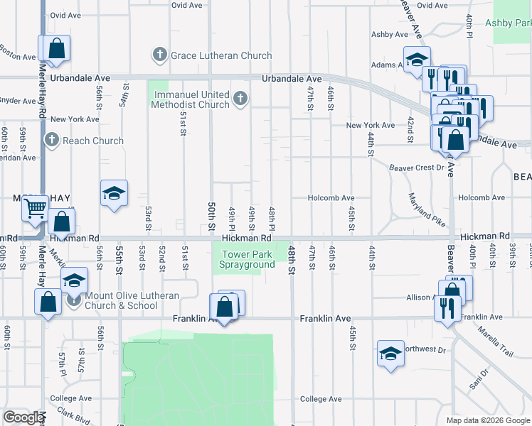 map of restaurants, bars, coffee shops, grocery stores, and more near 2404 48th Place in Des Moines