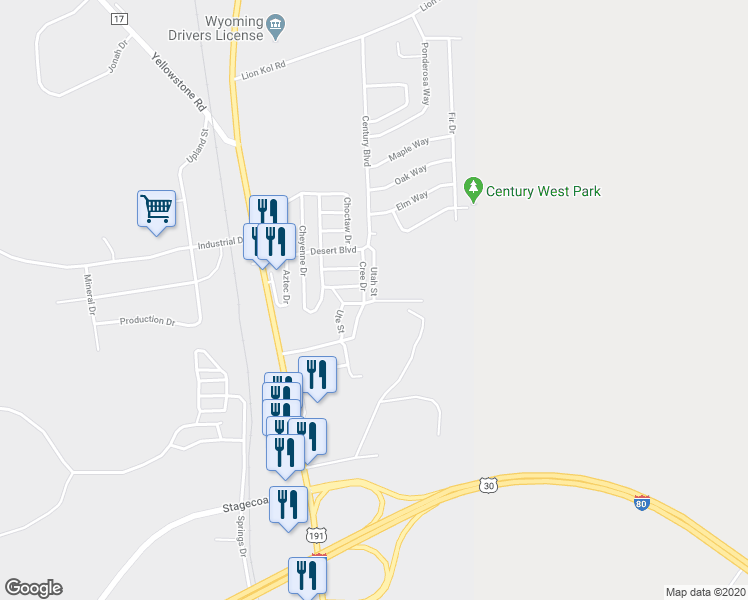 map of restaurants, bars, coffee shops, grocery stores, and more near 1757 Utah Street in Rock Springs