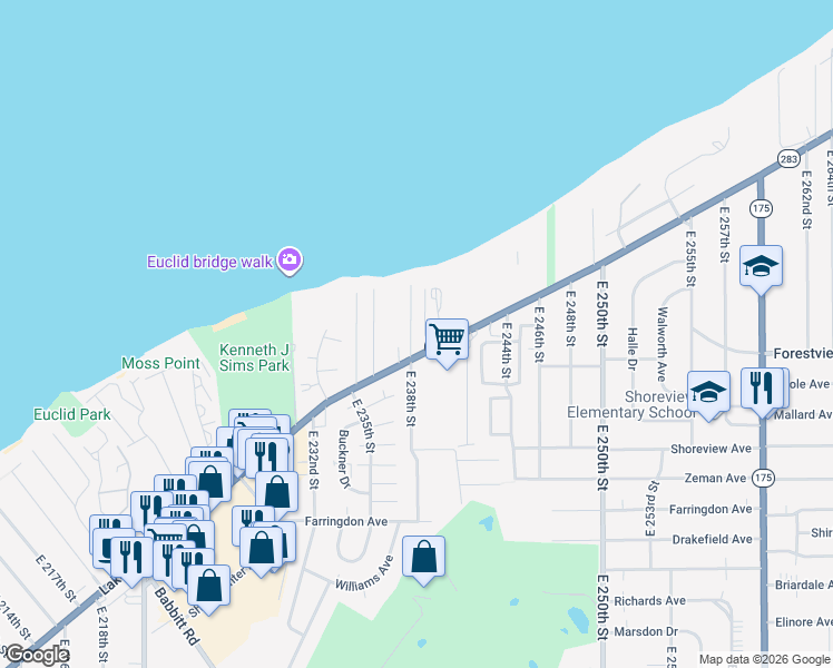 map of restaurants, bars, coffee shops, grocery stores, and more near 151 East 238th Street in Euclid