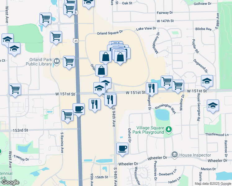 map of restaurants, bars, coffee shops, grocery stores, and more near 9399 West 151st Street in Orland Park