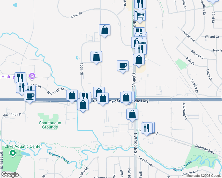 map of restaurants, bars, coffee shops, grocery stores, and more near 10315 Hickman Road in Urbandale
