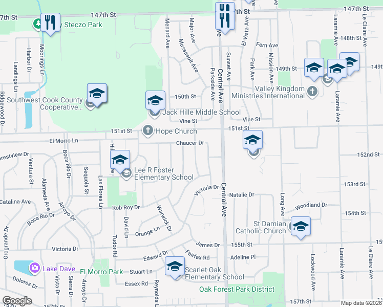 map of restaurants, bars, coffee shops, grocery stores, and more near 15142 Oxford Drive in Oak Forest