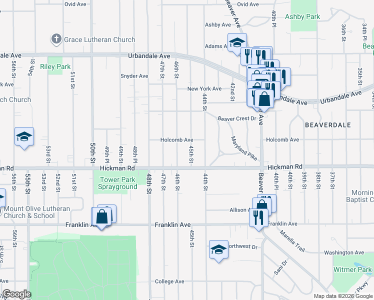 map of restaurants, bars, coffee shops, grocery stores, and more near 2404 45th Street in Des Moines