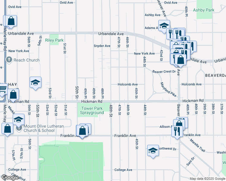 map of restaurants, bars, coffee shops, grocery stores, and more near 2405 48th Street in Des Moines