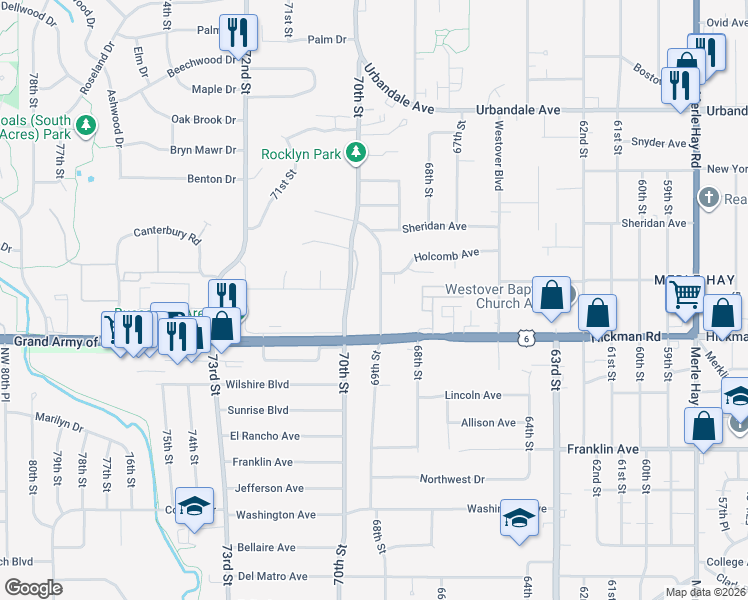 map of restaurants, bars, coffee shops, grocery stores, and more near 2401 Rocklyn Drive in Urbandale