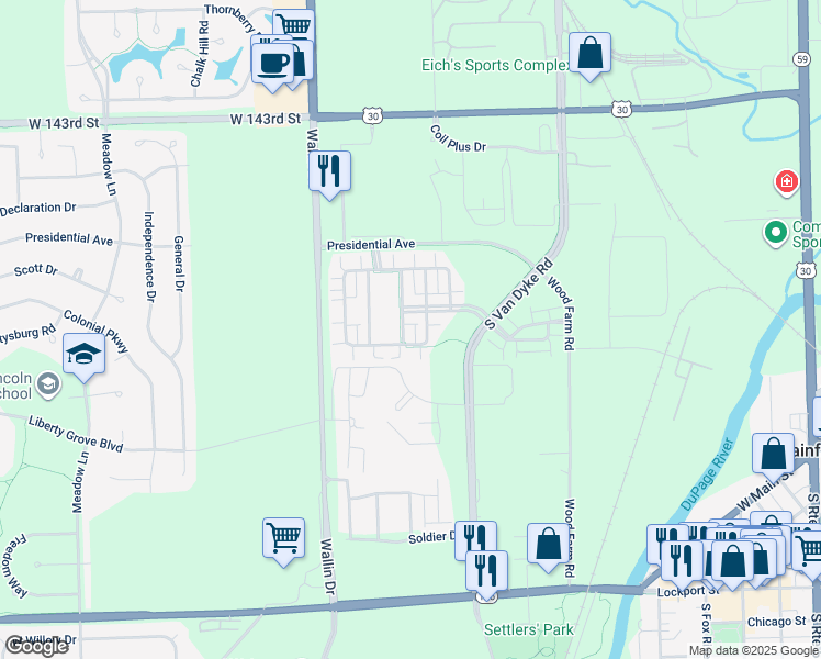 map of restaurants, bars, coffee shops, grocery stores, and more near 14605 Patriot Square Drive East in Plainfield