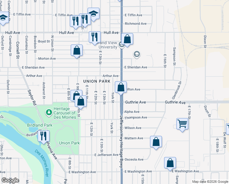 map of restaurants, bars, coffee shops, grocery stores, and more near 2327 York Street in Des Moines