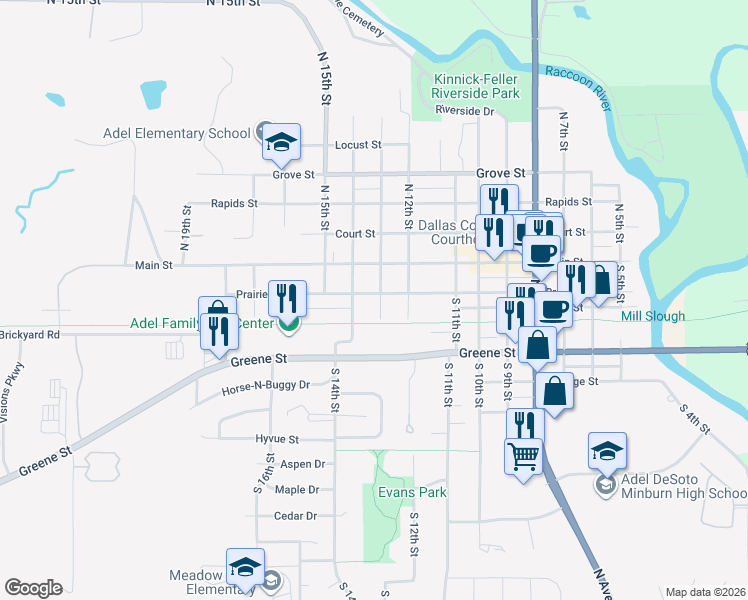 map of restaurants, bars, coffee shops, grocery stores, and more near 1301 Prairie Street in Adel