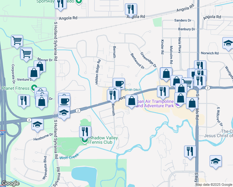 map of restaurants, bars, coffee shops, grocery stores, and more near 5642 Airport Highway in Toledo
