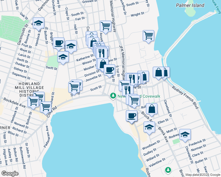 map of restaurants, bars, coffee shops, grocery stores, and more near 24 Margin Street in New Bedford