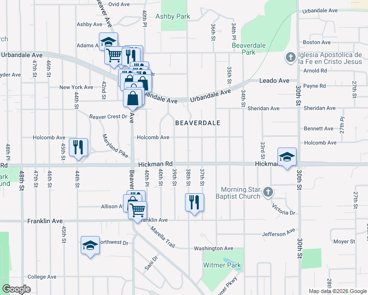 map of restaurants, bars, coffee shops, grocery stores, and more near 2407 39th Street in Des Moines