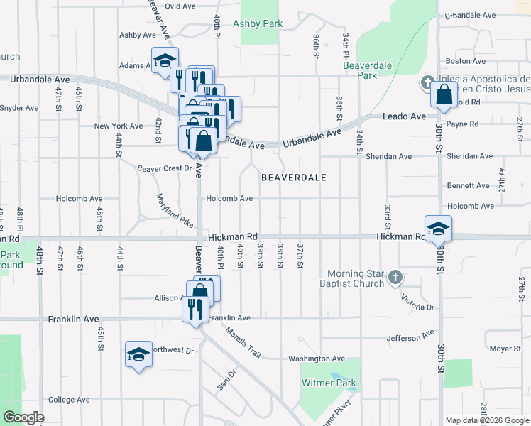 map of restaurants, bars, coffee shops, grocery stores, and more near 2407 39th Street in Des Moines
