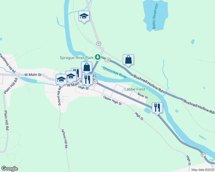 map of restaurants, bars, coffee shops, grocery stores, and more near 92 Main St in Sprague