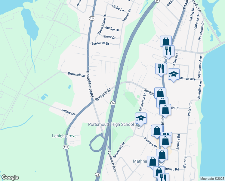map of restaurants, bars, coffee shops, grocery stores, and more near 228 Sprague Street in Portsmouth