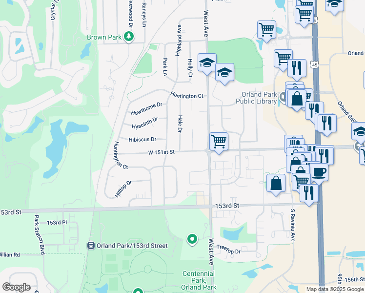 map of restaurants, bars, coffee shops, grocery stores, and more near 15059 Hale Drive in Orland Park