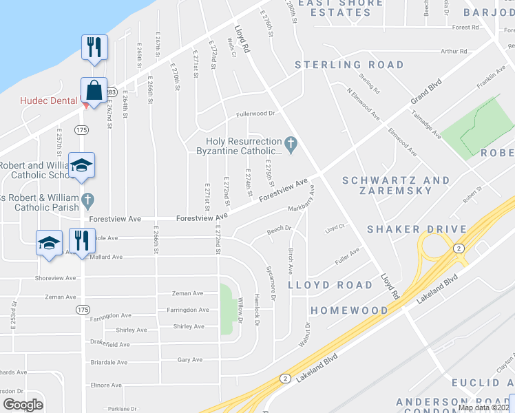 map of restaurants, bars, coffee shops, grocery stores, and more near 27340 Forestview Avenue in Euclid