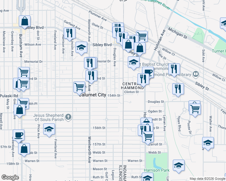 map of restaurants, bars, coffee shops, grocery stores, and more near 678 Douglas Avenue in Calumet City
