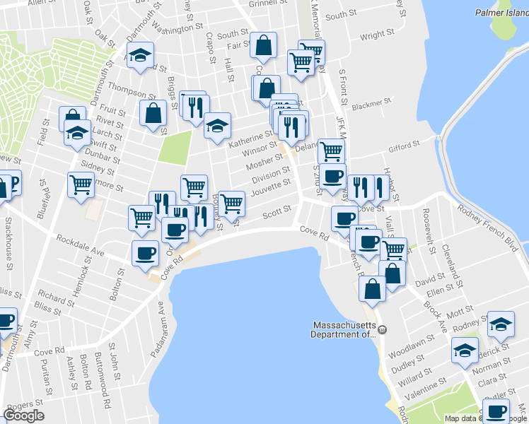 map of restaurants, bars, coffee shops, grocery stores, and more near 63 Scott Street in New Bedford