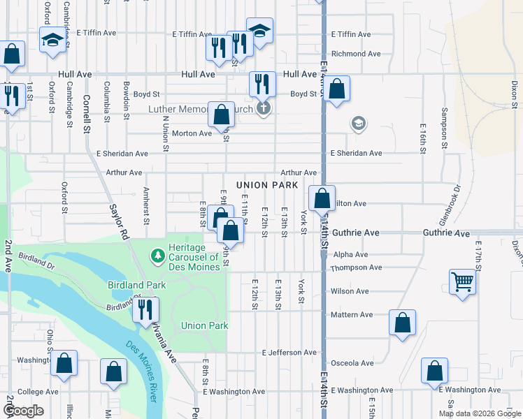 map of restaurants, bars, coffee shops, grocery stores, and more near 2330 East 12th Street in Des Moines