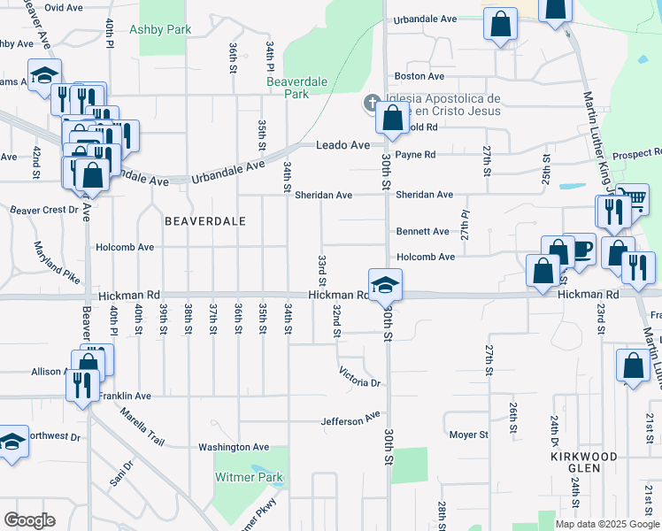 map of restaurants, bars, coffee shops, grocery stores, and more near 2323 33rd Street in Des Moines