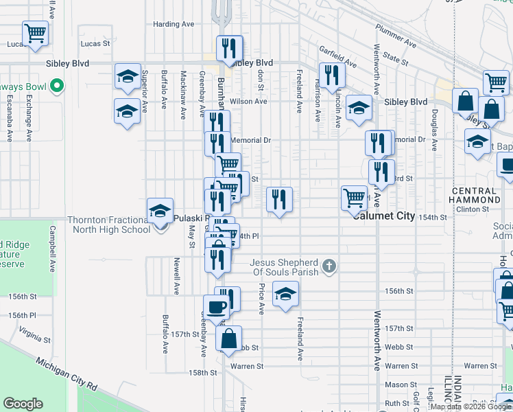 map of restaurants, bars, coffee shops, grocery stores, and more near 669 Price Avenue in Calumet City