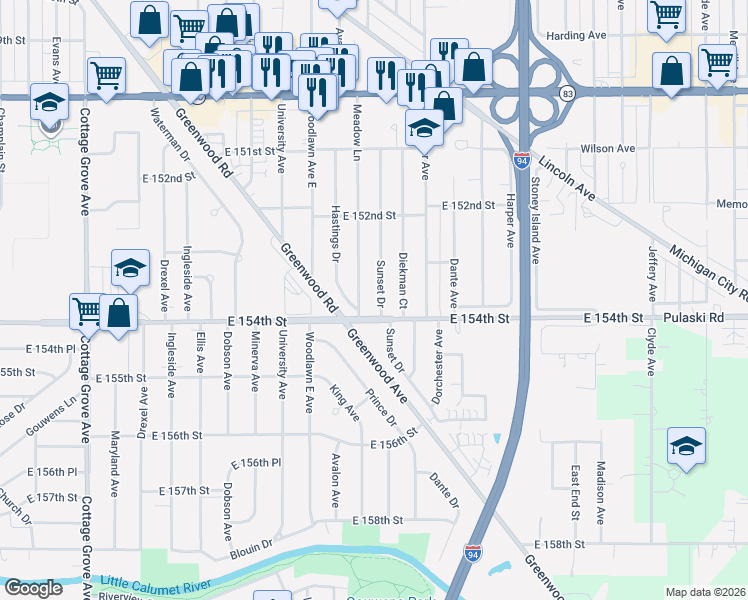 map of restaurants, bars, coffee shops, grocery stores, and more near 15335 Sunset Drive in Dolton